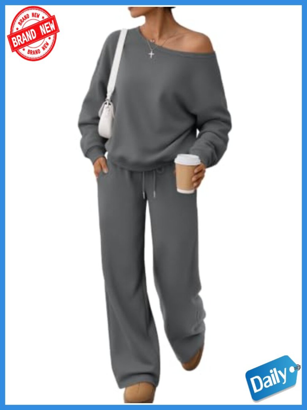 Off Shoulder Fleece Lined 2 Piece Sweatsuit Set with Wide Leg Pants